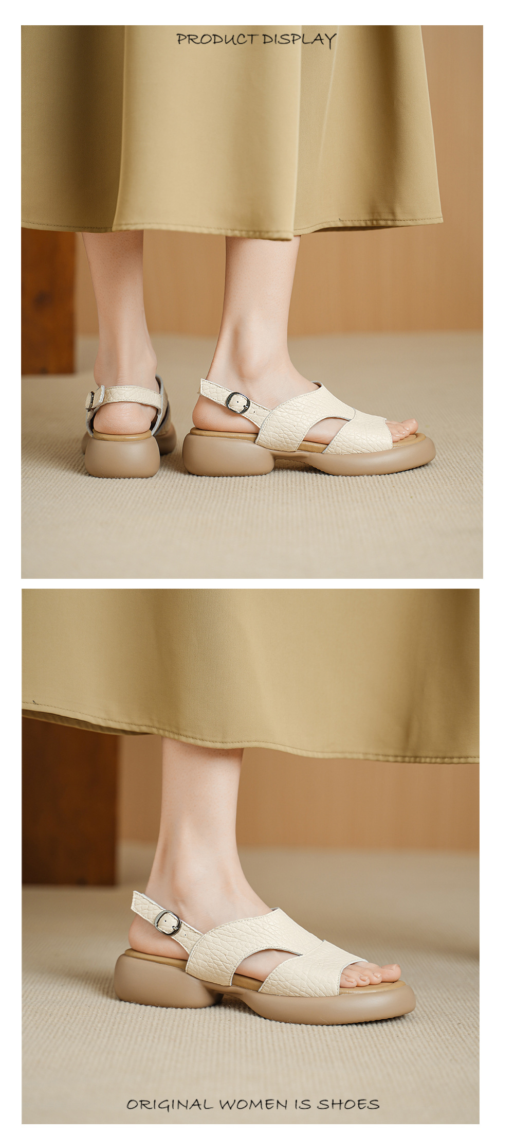 Sandal nữ hở mũi gót vuông đế dày quai ngang — Xám voi chi tiết 6