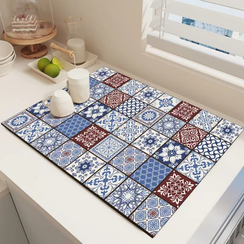 レトロなチェック柄のキッチンカウンター排水マット珪藻泥吸収性マット食器乾燥マットコースター洗濯不要の拭き取り可能なマット|undefined