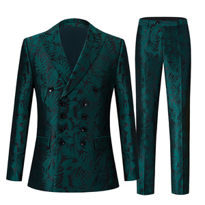 Men youth Dark green jacquard jazz dance dress suit nightclub wear groomsman party formal blazers and pants studio host of men's suit