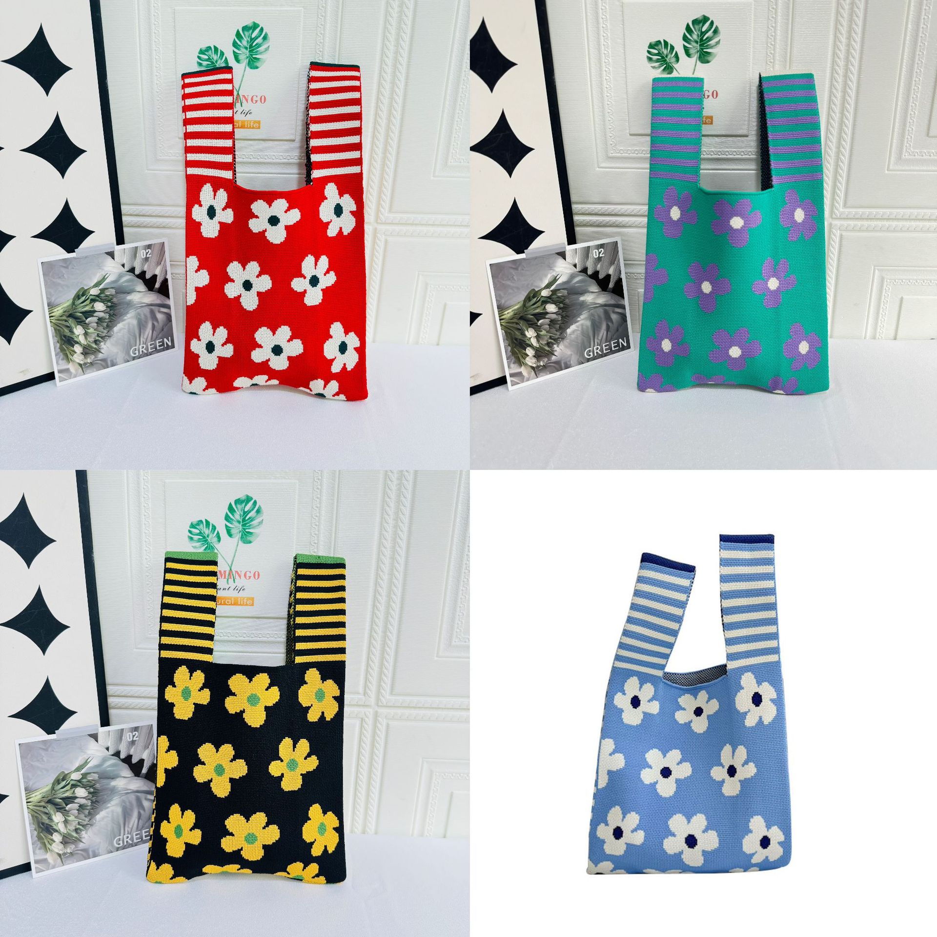 Floral Knit Crossbody Bag Large Capacity Korean Style Commuter Shoulder Bag Women's V-Neck Bag Simple Gift Bag Wholesale