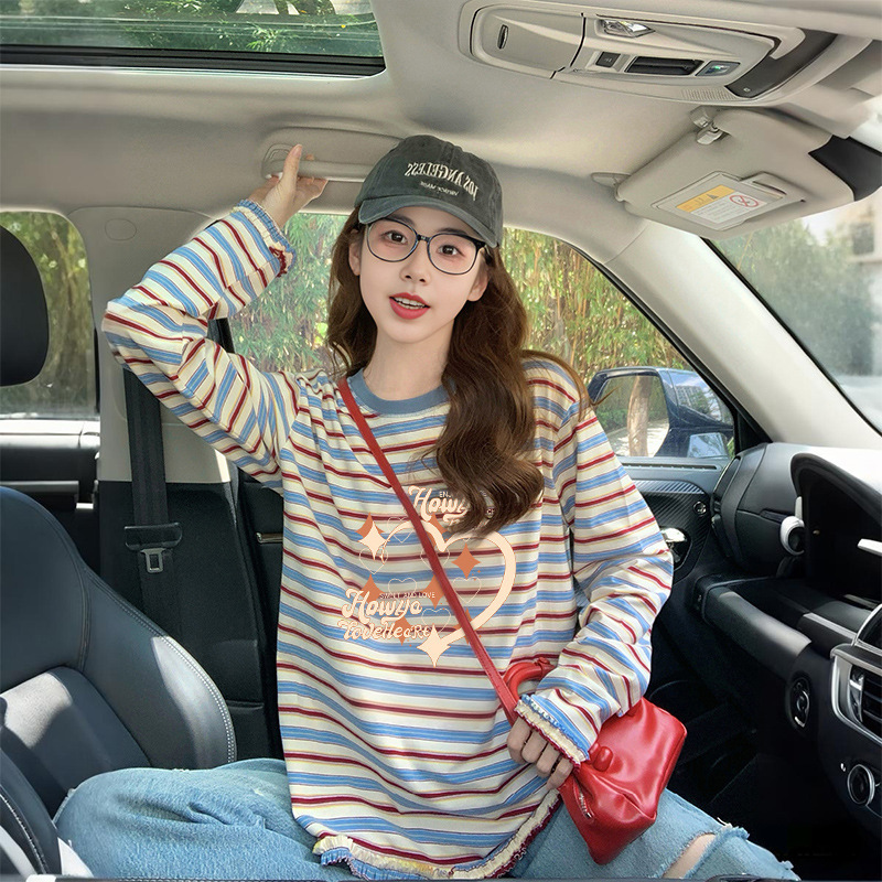 oversize欧货纯棉长袖T恤女多巴胺彩色条纹洋气宽松气质花边上衣|undefined
