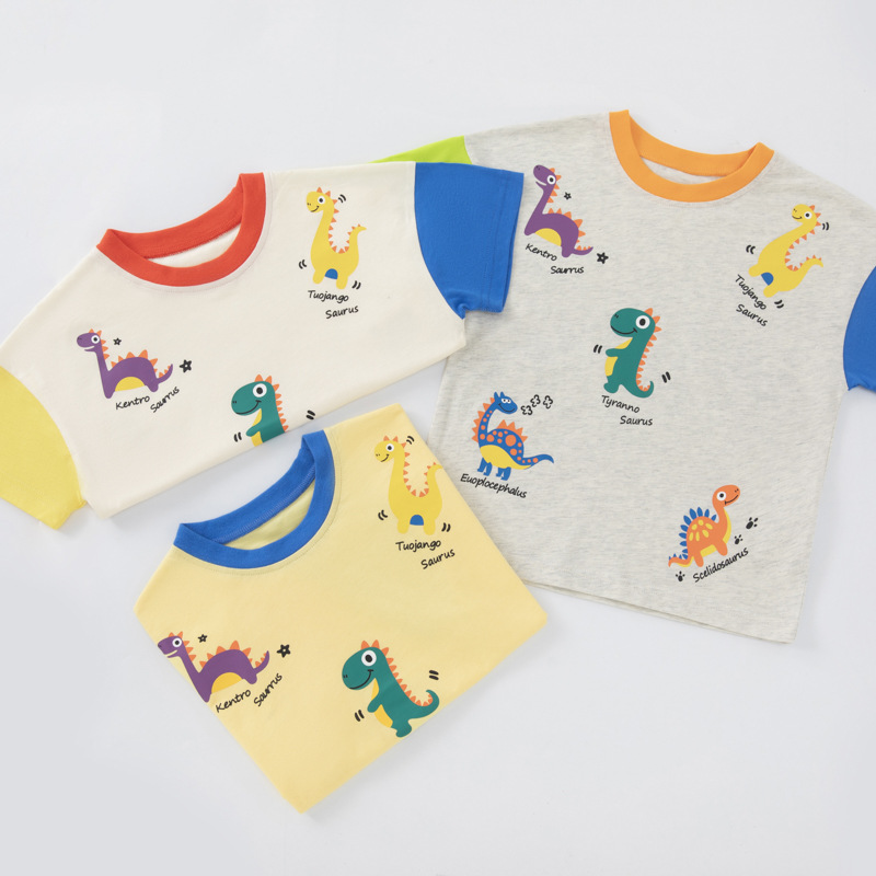 Betop ropa infantil transfronteriza 2025 verano nuevos niños coreanos camiseta de manga corta dinosaurio manga raglán superior al por mayor