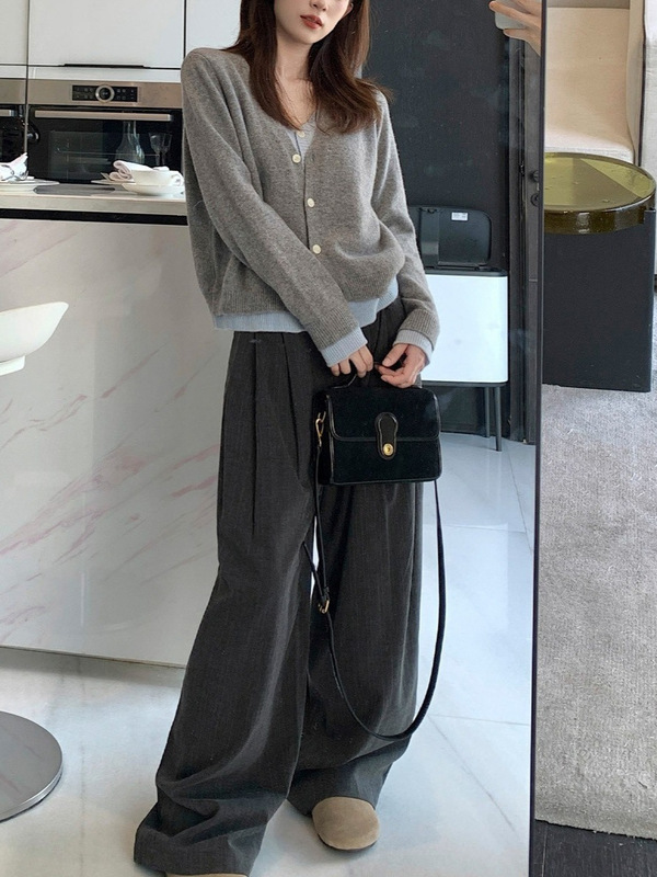 松弛张力 条纹羊毛休闲阔腿裤女高腰宽松通勤必备直筒西装长裤子|undefined