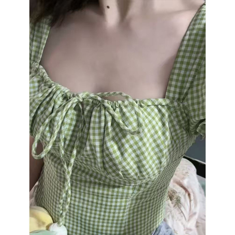 Magic Queen Green Plaid Tie-Front Design Puff Sleeve Square Neck Shirt Summer Slim Fit Short Top Magic Queen Green Plaid Tie-Front Design Puff Sleeve Square Neck Shirt Summer Slim Fit Short Top