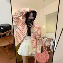 慵懒风条纹连帽卫衣女春秋新款甜美宽松休闲开衫拉链长袖上衣外套