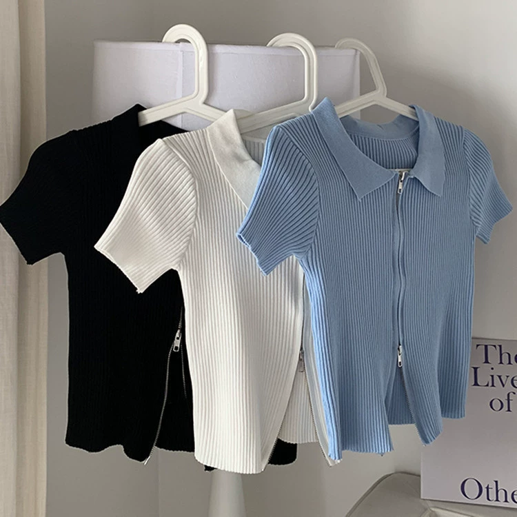 Женский облегающий трикотаж с двусторонней молнией и короткими рукавами, лето и осень 2025, тонкий короткий кардиган в корейском стиле, модный женский тонкий топ