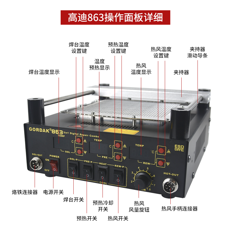 高迪863三合一热风枪焊台853BGA返修预加热平台维修防静电拆焊台