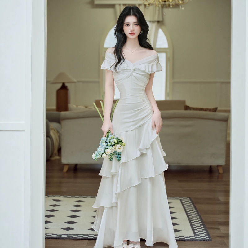 French-Style One-Shoulder Ruffled Fishtail Dress for Women, Summer High-End Unique and Beautiful Little Formal Dress, Long Dress