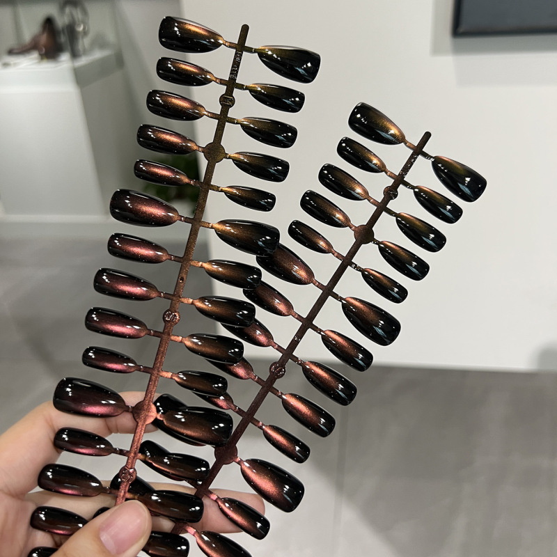 Red flame black-brown glass bead cat-eye press-on nails with almond shape, finished product, dark dark luxury vibe, internet celebrity dazzling nail pieces