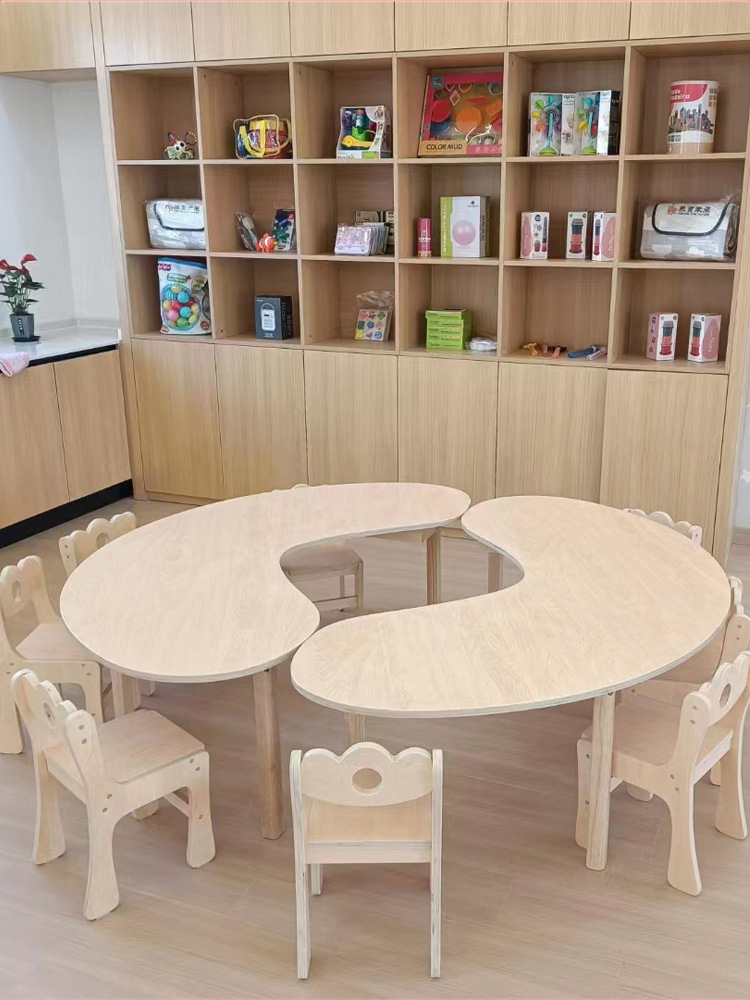 4I Kindergarten Solid Wood Moon Table Early Education Table and Chair Nursery Table Kidsren's Crescent Desk Primary School Broad Bean Arc