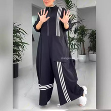 亚马逊跨境春夏季时尚新款中年妈妈宽松显瘦七分袖翻领拼接连体衣