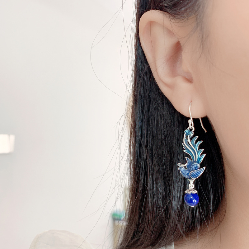 925純銀藍鳳凰流蘇耳環女青金石燒藍工藝耳飾品國風誇張耳墜配飾