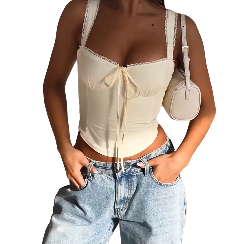54g Weight Polyester Fabric Type Short Top Length Vest Tops Type Casual, Holiday, Daily Occasion Strap Neckline Slim Fit Type Solid Color Pattern Summer, Spring Season Women's Gender Lace Design Sexy Style Apricot, Brown, Black Color Wholesale Women's Sexy Solid Color Apricot Brown Black Lace Tank Tops 12