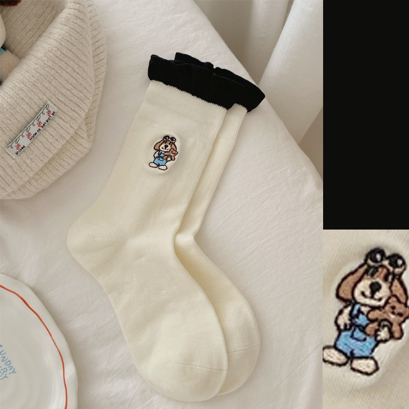 设计师款飞行小狗袜子女可爱卡通刺绣中筒袜无骨日系泡泡口棉袜女|undefined