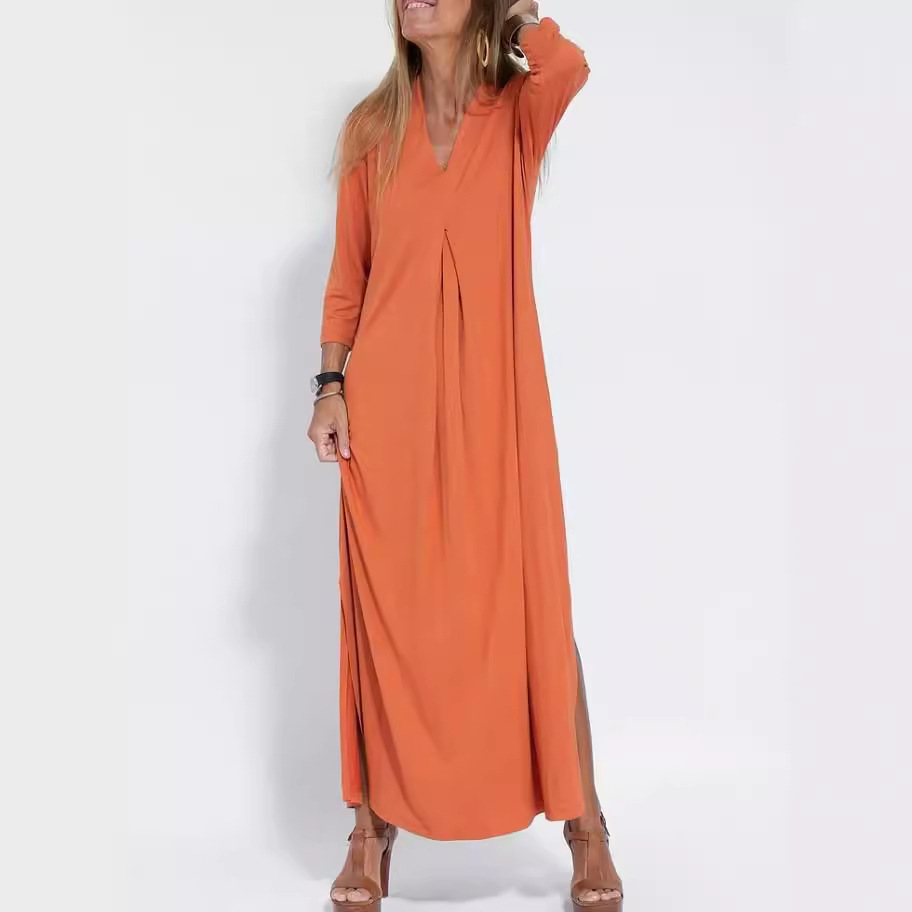 Women's Clothing Women's V-Neck Knitted Long Dress Style Solid Color Three Quarter Sleeve Dress With Slit_voghion.com