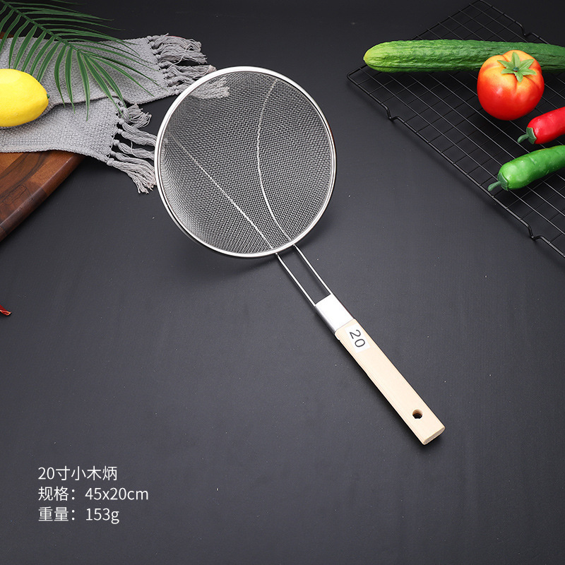 Mango de madera de acero inoxidable gran filtro de malla larga filtro de malla comercial de alimentos fritos tamizado olla caliente para pescar fideos cucharada grande
