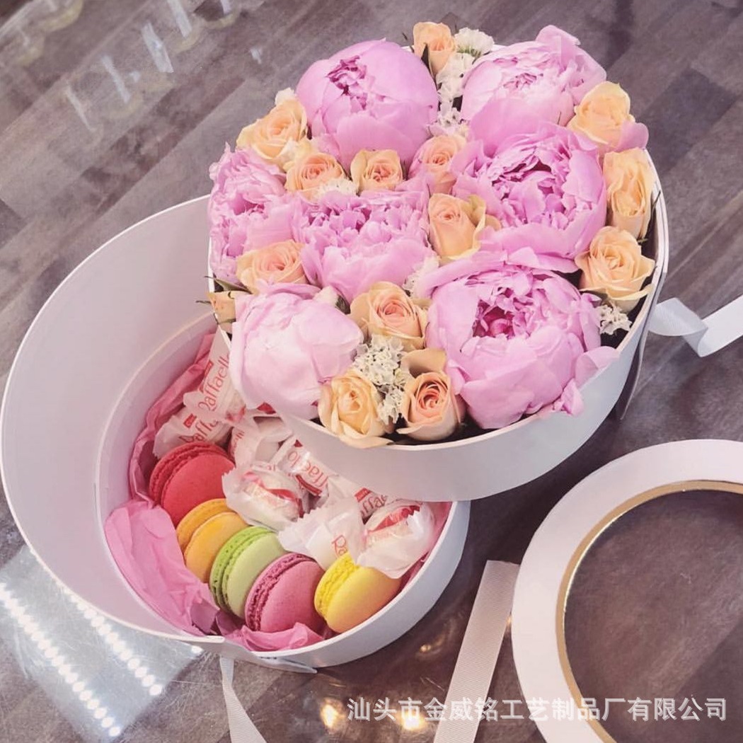 现货 婚庆礼盒 圆形双层旋转月饼零食 PVC开窗鲜花生日礼物盒