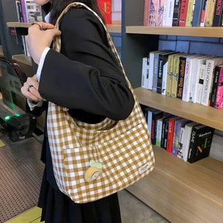 跨境简约大学生托特包小清新格子尼龙布单肩包手提腋下女包