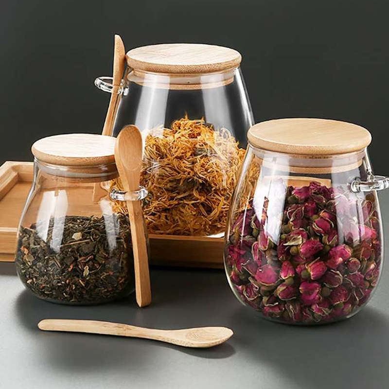 Household Storage Jar Grain Cereal Tea Jar Borosilicate Glass Gasping Jar Bamboo Lid with Spoon Kitchen Sealed Jar