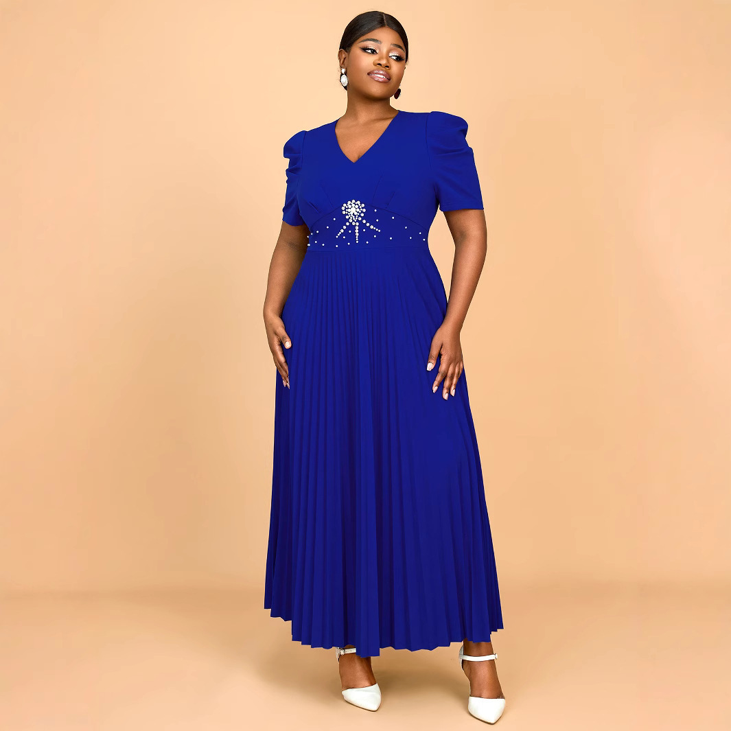Foreign Trade Cross-border plus size Women's Clothing New V-neck Beaded Ball Banquet Dress Elegant Waist Pleated dress