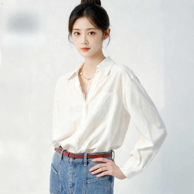 French White Shirt for Women 5 Spring & Fall New European Style Lace Loose Elegant Shirt Long-Sleeved Shirt