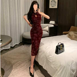 后拉链年轻款印花新中式无袖镂空复古中长旗袍红色连衣裙