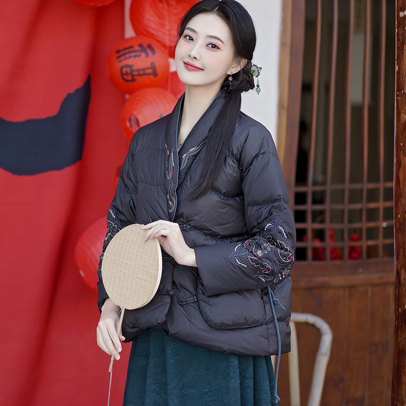 2024冬季复古国风新中式改良v领绣花90白鸭绒羽绒服