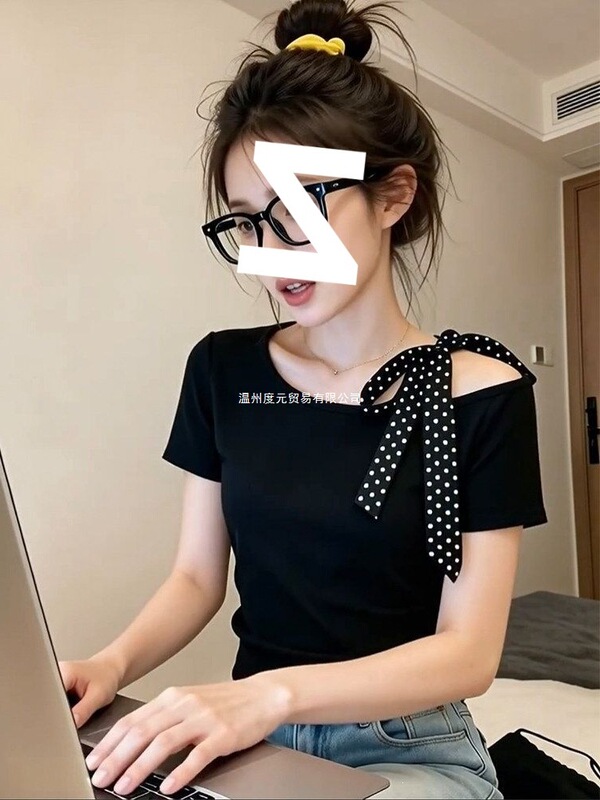 Plus-Size French-Style Black Off-Shoulder Short-Sleeve T-Shirt for Women, 2026 Summer New Niche Polka Dot Tie Slimming Top Ins Plus-Size French-Style Black Off-Shoulder Short-Sleeve T-Shirt for Women, 2026 Summer New Niche Polka Dot Tie Slimming Top Ins