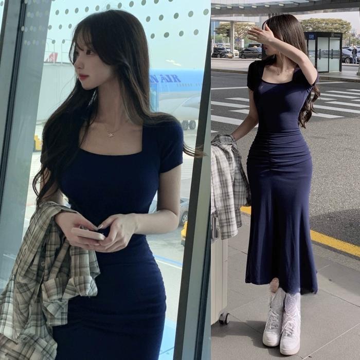 韩国东大门春夏新款气质方领收腰抽褶显身材中长款包臀打底连衣裙