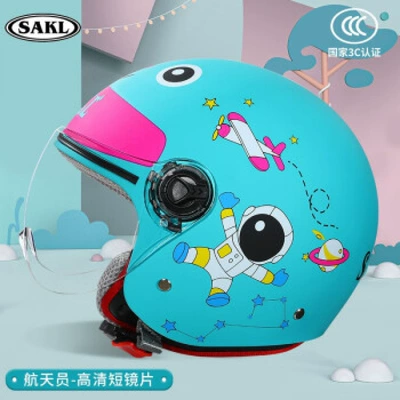 Children's Helmet Electric Motorcycle National 3C Certified Half Helmet Boys and Girls Cute Baby Autumn and Winter Warm Safety Helmet (Motosiklet kaskı (dəbilqə)) - 3c-astronaut-blue-short-mirror