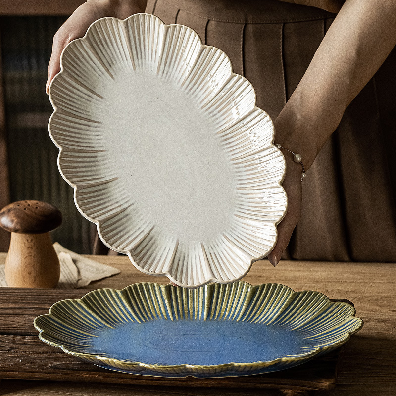 De estilo japonés de la vendimia de encaje de cerámica plato de pescado restaurante vajilla de alta calidad plato de pescado al vapor hogar micro defecto