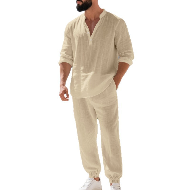 Abbigliamento uomo Camicia Henry in lino a maniche lunghe stile hawaiano casual di tendenza autunnale per pendolarismo e casa_voghion.com
