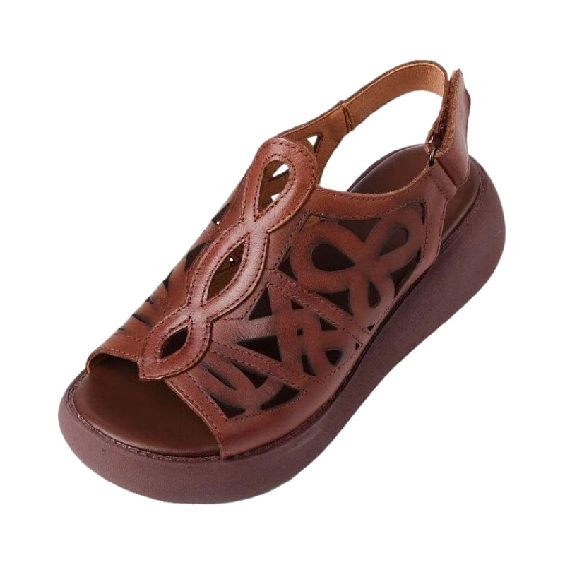 Verano nuevo estilo retro sandalias huecas mujer plataforma plataforma madre boca de pez zapatos cuña estilo étnico zapatos de mujer de mediana edad y ancianos