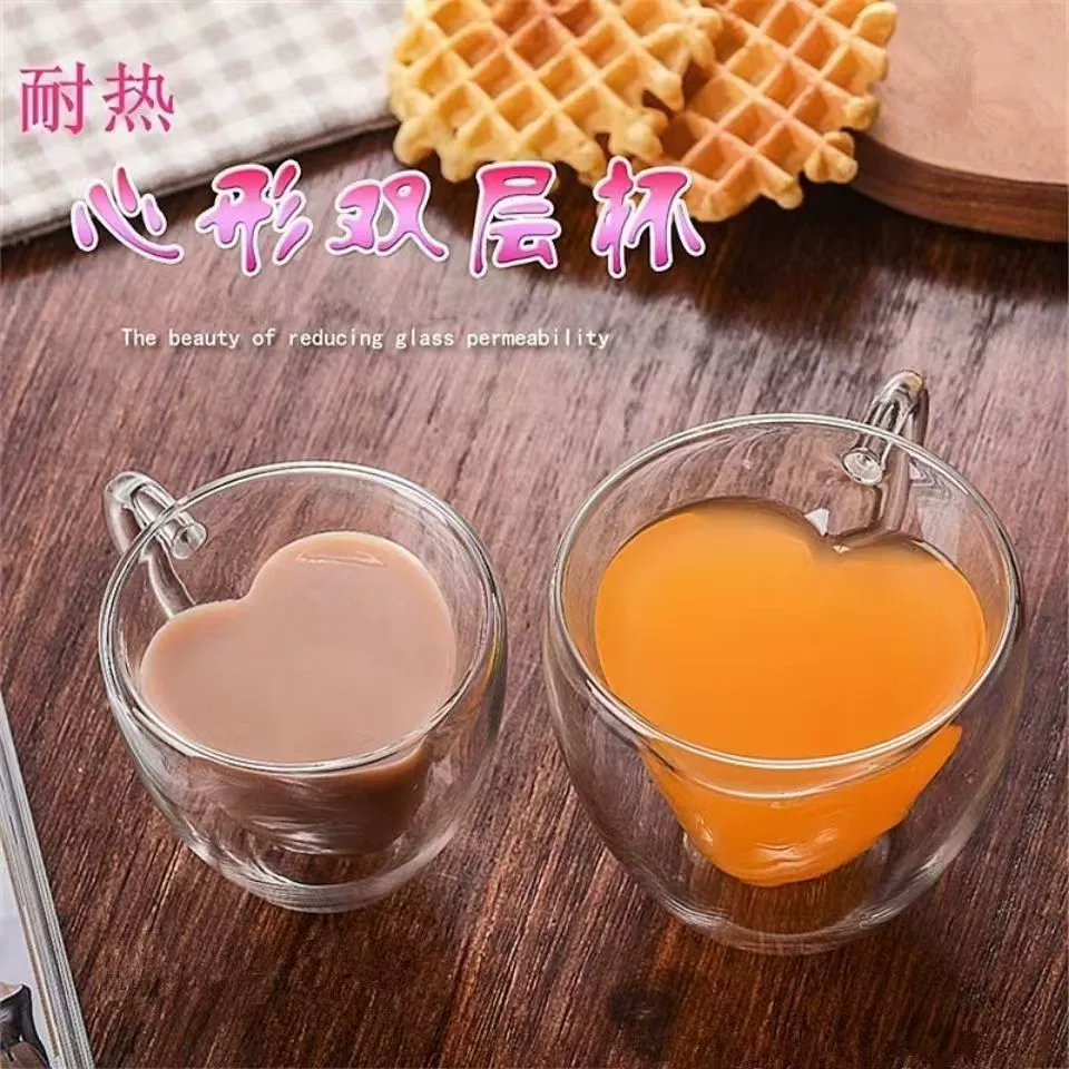 Высокое значение цвета термостойкий новый двойной стеклянный кружка в форме сердца кофейная чашка водяная чашка пара любовь стеклянная чашка хвост с этикеткой