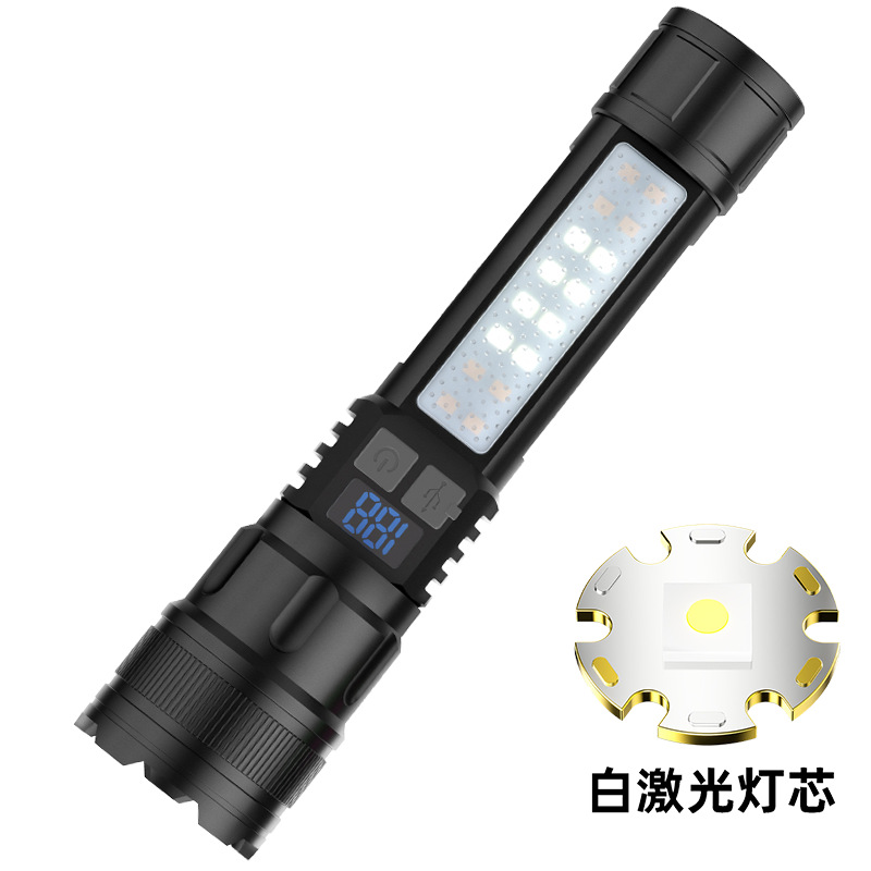 Nuevo tipo transfronterizo de linterna multifuncional láser blanco mecha de luz de resaltado con luz lateral luz de emergencia de larga duración