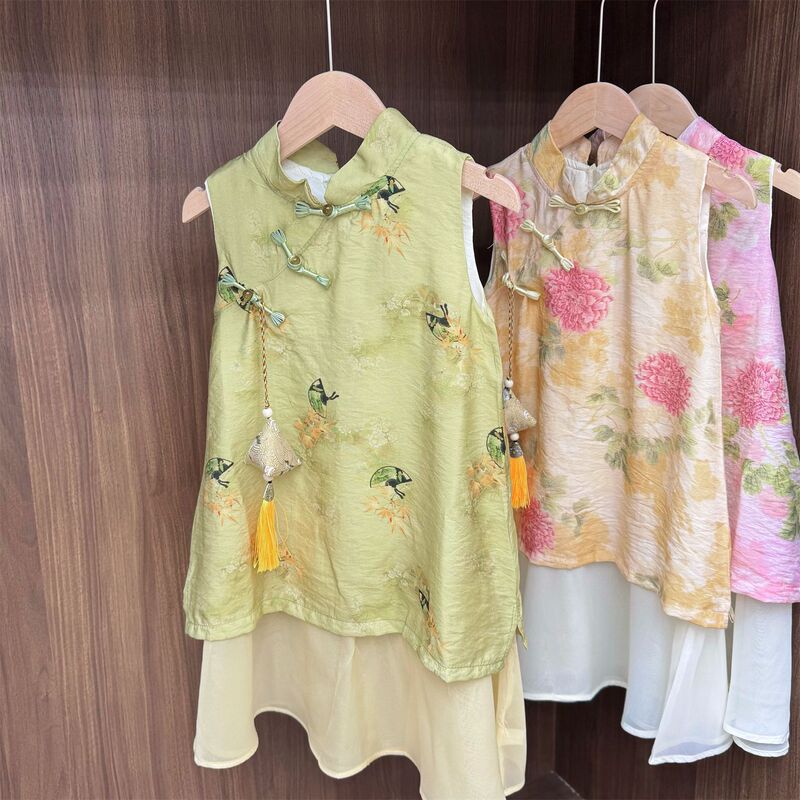 女の子の新しい中国風の古代スタイルのチャイナドレス 2025 夏服子供の偽ツーピースベスト漢服スカートと香りの袋|undefined