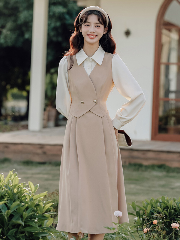 正式场合女装高级感教资面试穿搭连衣裙女假两件气质收腰长裙子|undefined