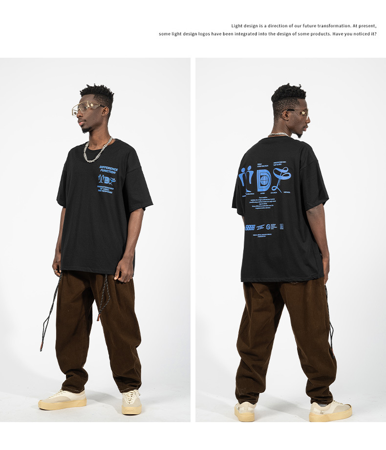 Vyriški trumpomis rankovėmis 220 g pavasario-vasaros medvilniniai laisvi marškinėliai paaugliams su kinišku abstrakčiu spaudiniu_voghion.com