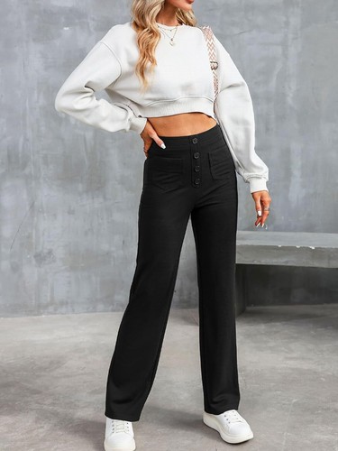 2025 New European and American-style Fashion Women's Black Casual Straight Pants with High Waist, Buttons, Elasticity, and Multiple Pockets