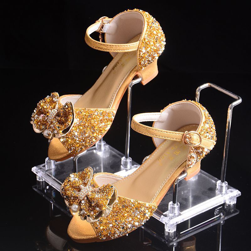 Girls Crystal Princess Sandals Children's High Heels Silver Model Catwalk Piano Host Dress Performance British Style