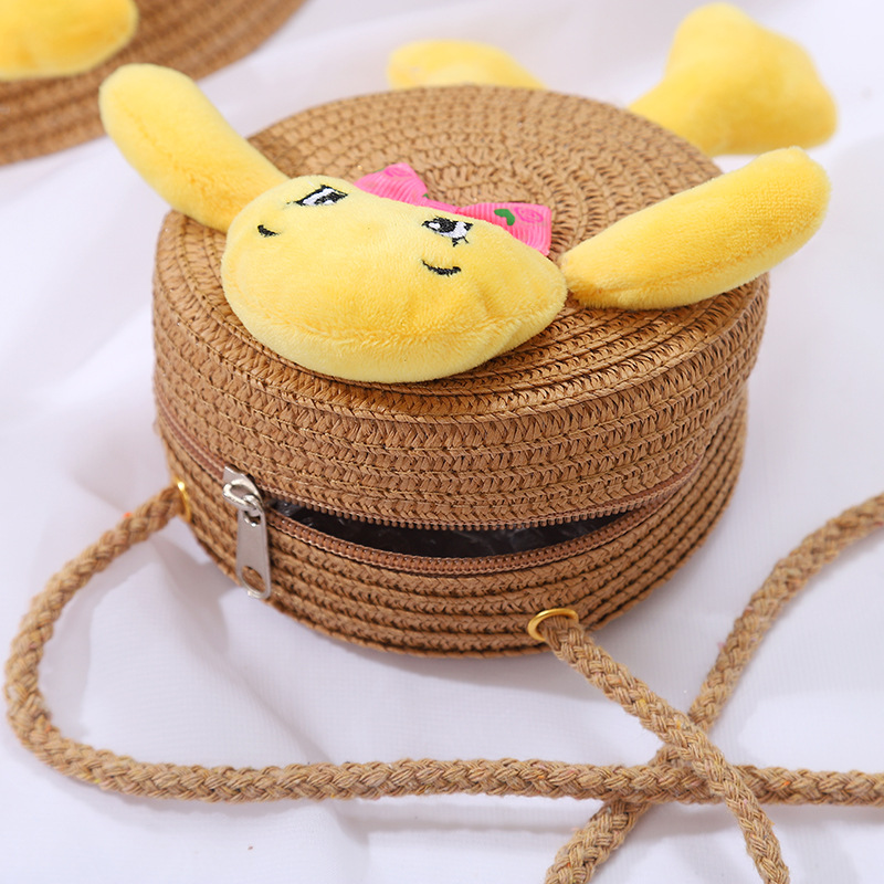 138g Weight Weave Fashion Element Zipper Closure Type Single Shoulder Strap Strap Type Straw Bag Bags Type Casual, Holiday Occasion Straw Material Animal, Cartoon Pattern Spring&Summer Season Kid'S Gender Cute Style Round, Bucket Shape Kid'S Straw Animal Cartoon Cute Weave Round Bucket Zipper Straw Bag 14
