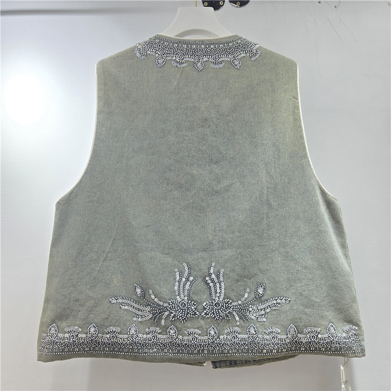 Retro estilo nacional de la industria pesada bordada con cuentas de clavos chaleco de vaquín de cuello redondo vestimenta de mujer plegable alta sensación chaqueta de mujer image 2