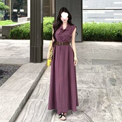 夏季2025新款气质时尚衬衫翻领无袖连衣裙显瘦收腰时尚气质裙子女