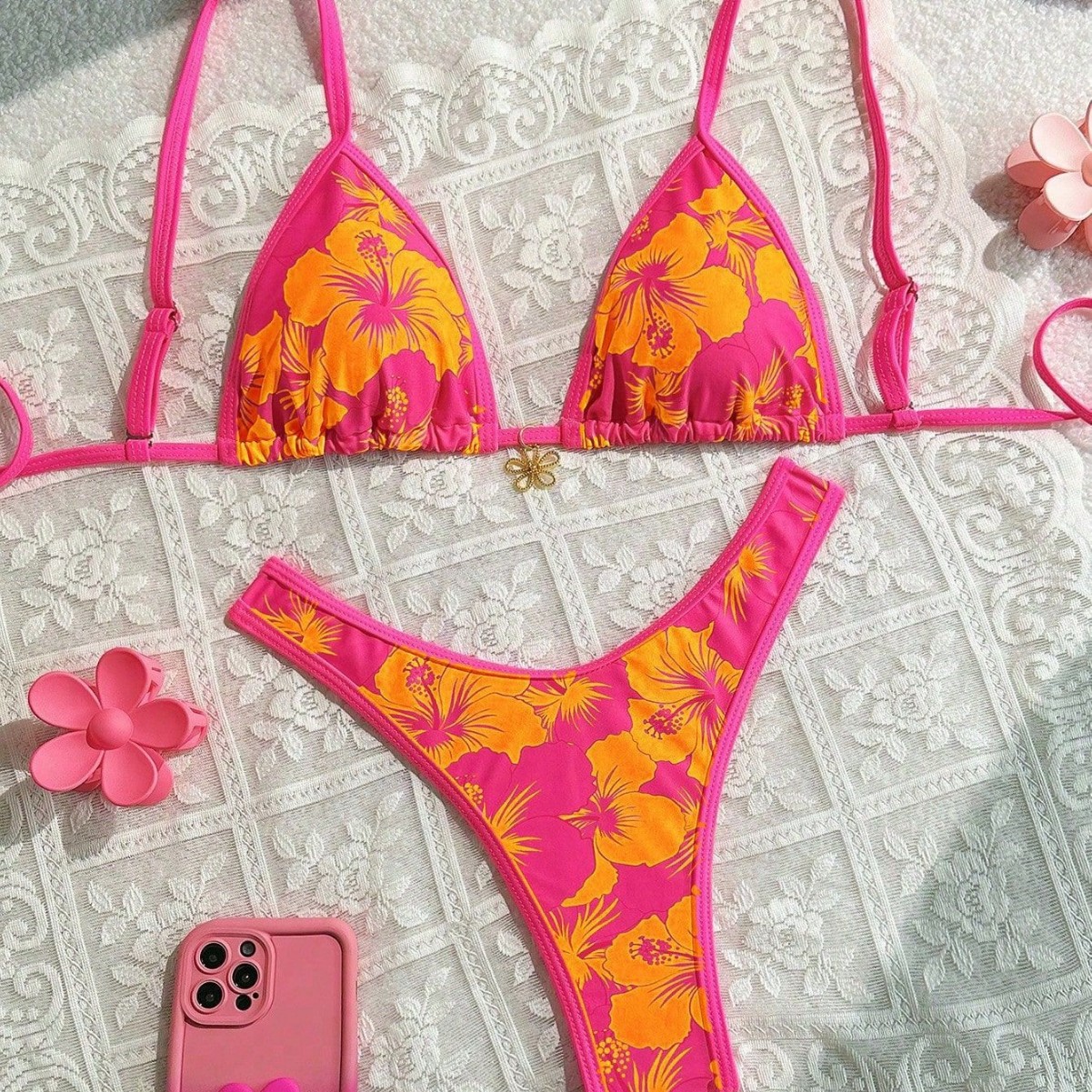 2025 New Swimsuit Floral Bikini Backless Swimsuit Bikini Foreign Trade Split High Waist Swimsuit for Women