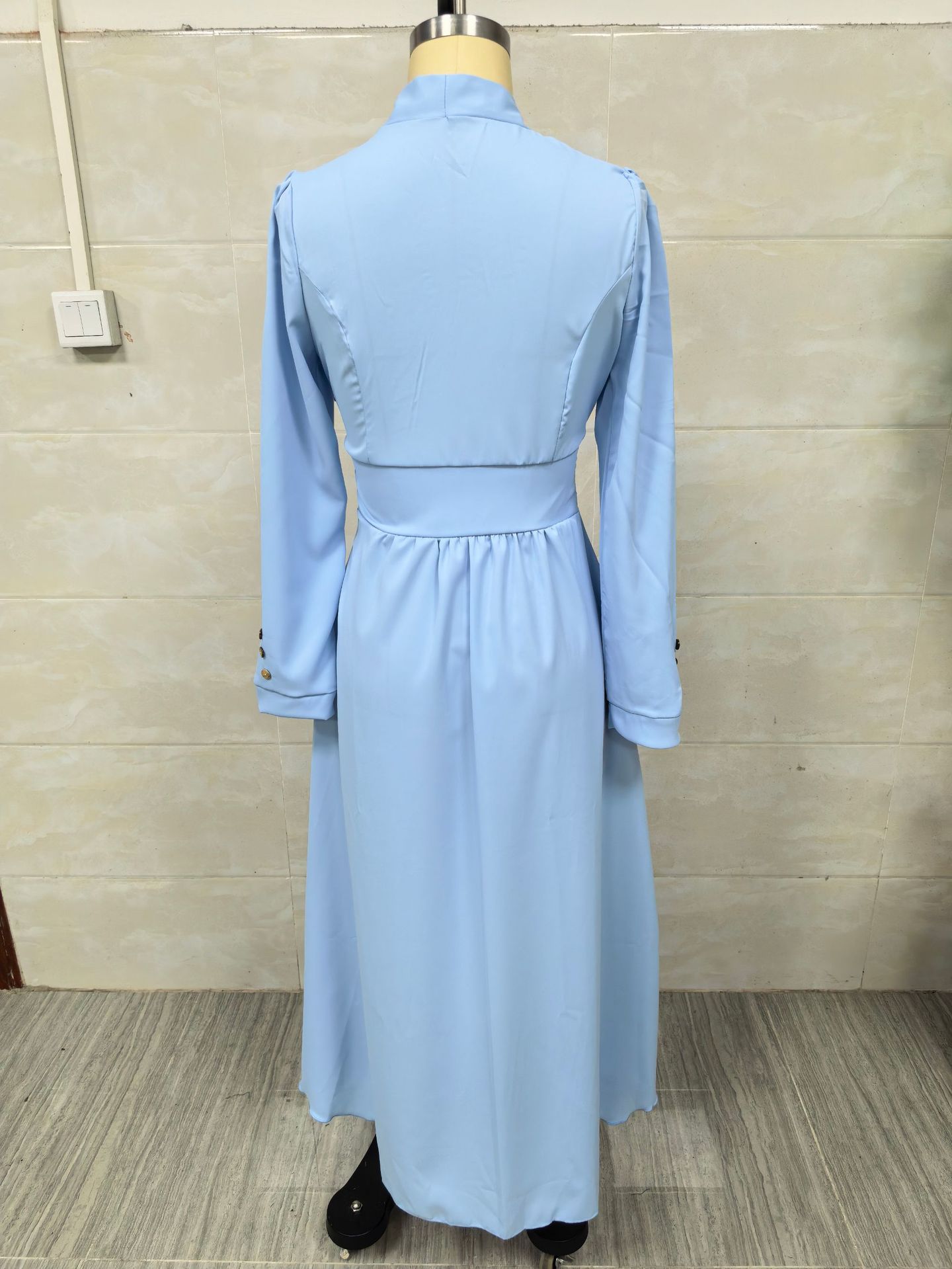 Elegant Waist Cinching V Neck Puff Sleeve Dress Full Skirt Women's Clothing_ecoleips.com