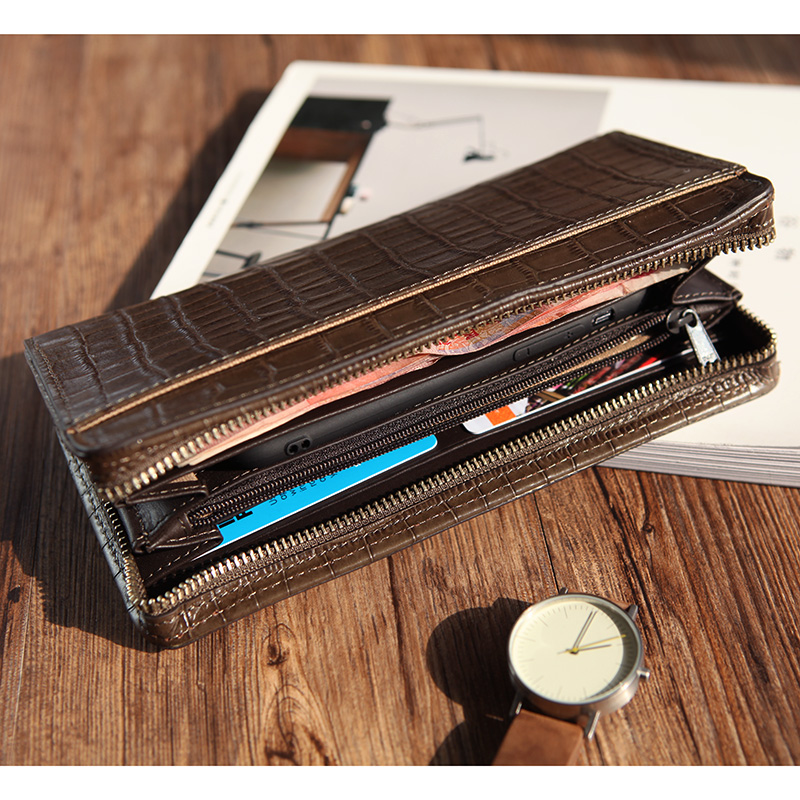 蓝皮具男士真皮钱包长款鳄鱼纹头层牛皮票夹女士超薄手拿手机钱包