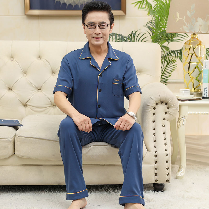 Verano de mediana edad y anciano papá 100% pijamas pantalones de algodón de manga corta de mediana edad cardigan traje