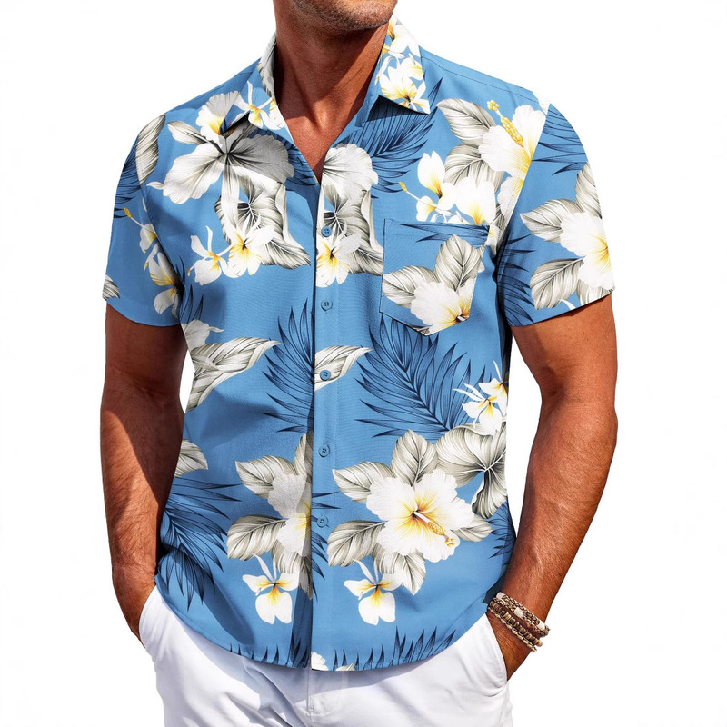 Amazon men's shirt foreign trade new fashion trend Hawaii short sleeve shirt 3D digital printing holiday printing