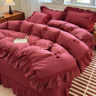 French Vintage Bed Cover Four-Piece Set wine red Lace Cherry Quilt Cover Pure Cotton Wedding Festive Bed C ^