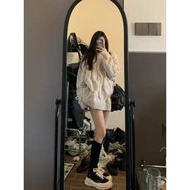 美式复古温柔风麻花毛衣女秋冬宽松奶fufu外穿慵懒风软糯针织衫潮